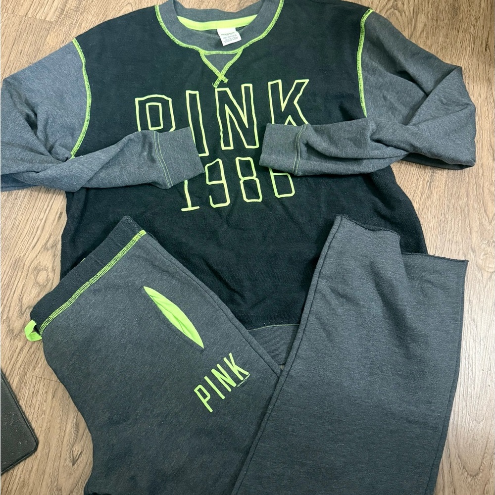 PINK Victoria's Secret Gray and Neon Green Lounge Set
